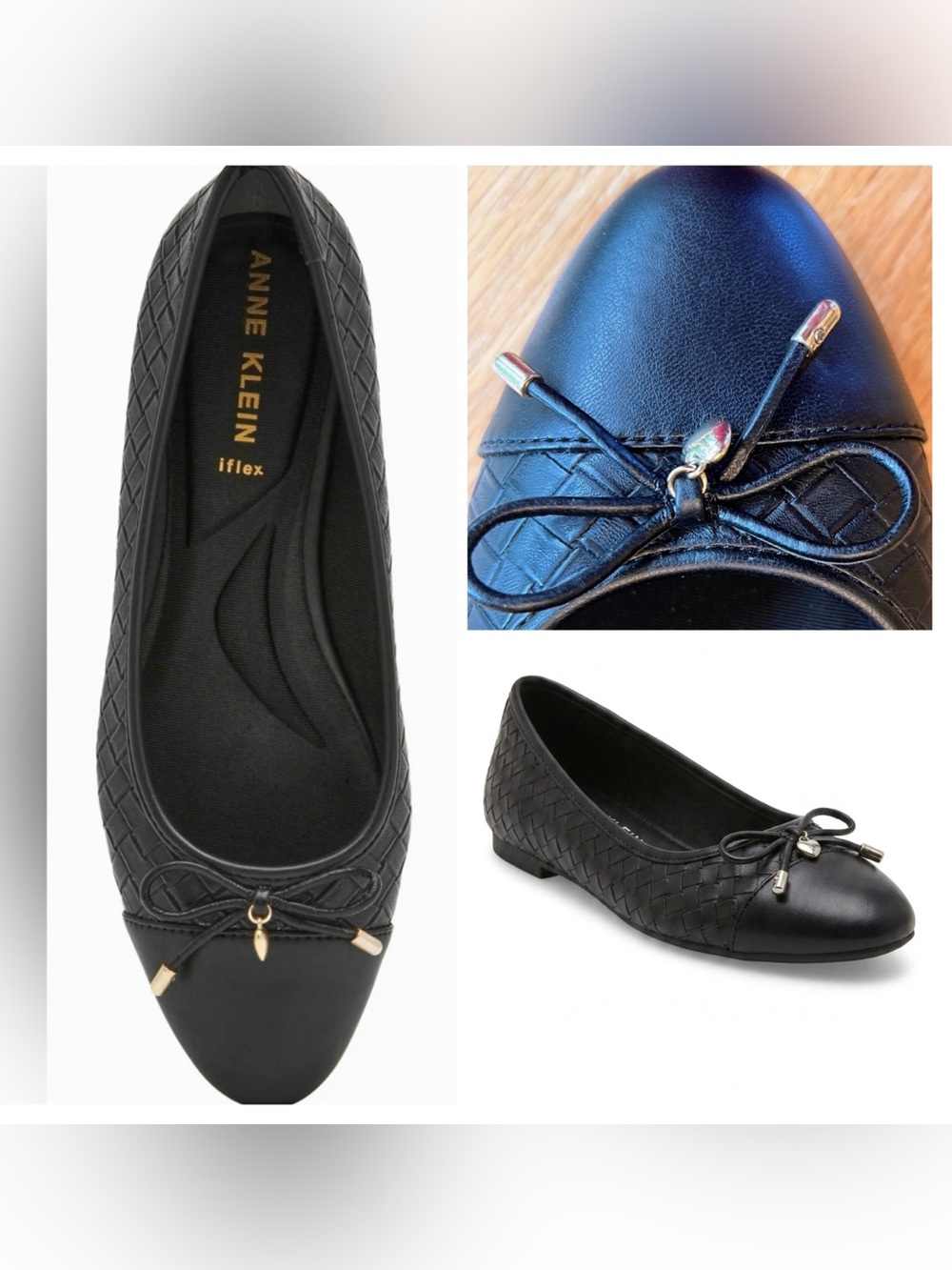 Anne Klein “Luci” Black Woven Cap Toe Ballet Flat Bow Accent-Cushioned Sole